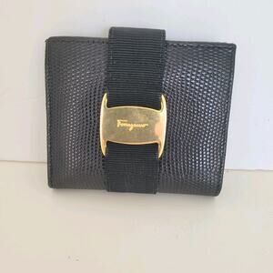 Salvatore Ferragamo Vara Wallet Croc Leather Black Compact Card Bill Mini Belted